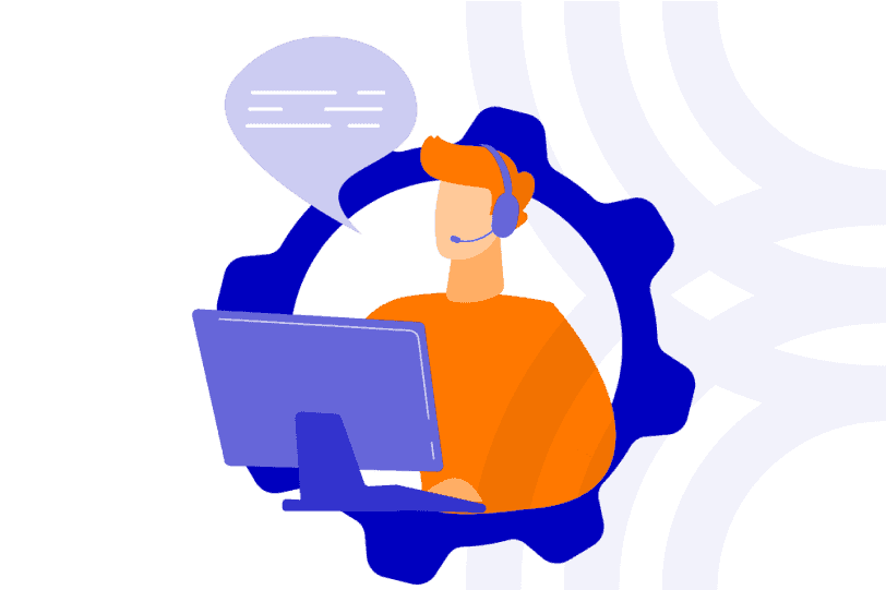 Ein Mensch mit einem Headseat und einem Endgerät in der Ausführung einer Support-Aufgabe (grafische Darstellung, Dekoration)