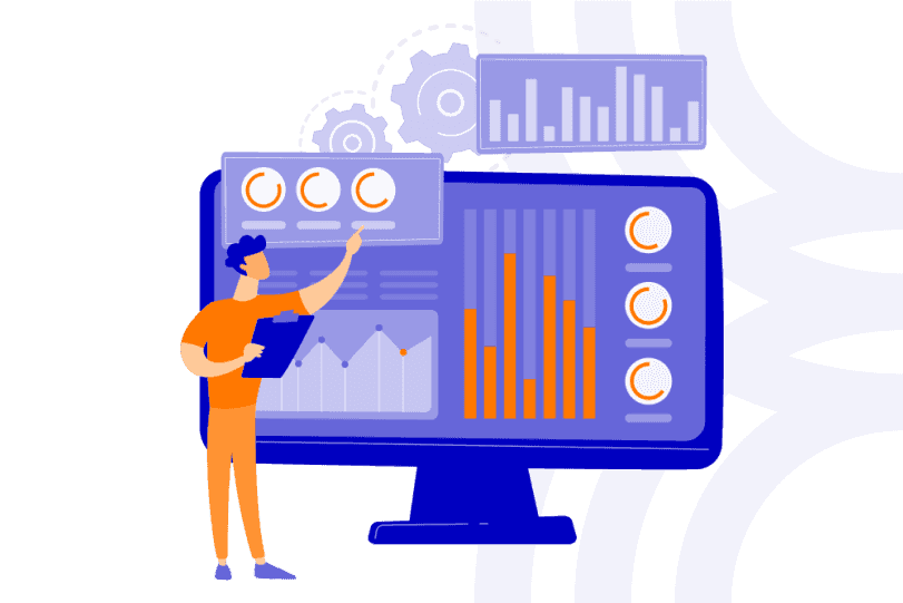 Ein Mensch vor einem überdimensionierten Endgerät mit Display (grafische Darstellung, Dekoration)