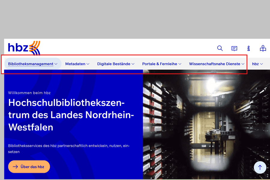 Die Internet-Seite vom hbz: Die Start-Seite mit der Navigation (Bildschirm-Foto)